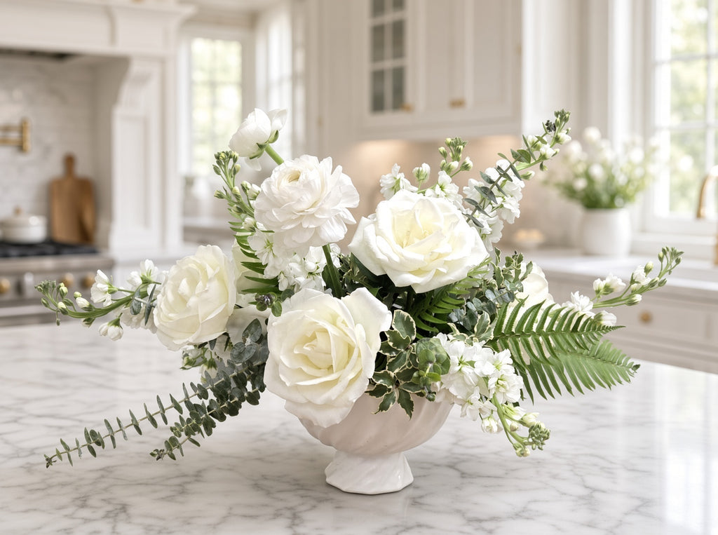Serenity - An All White Arrangement Of Roses, Stock And Ranunculus