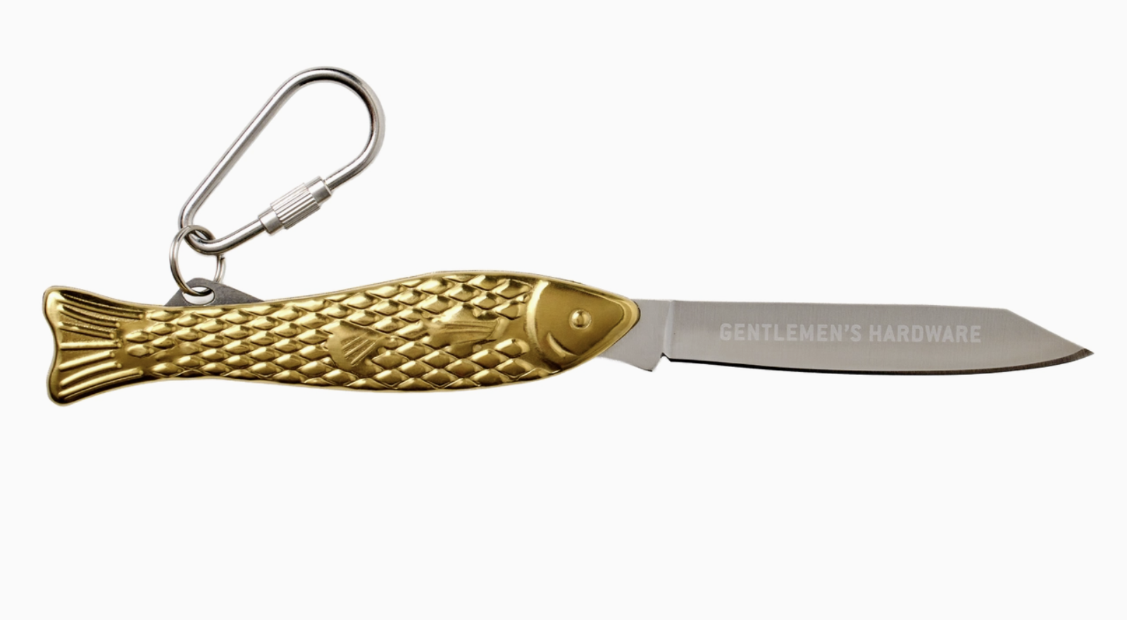 fish-shaped pocket knife with a carabiner on a white background